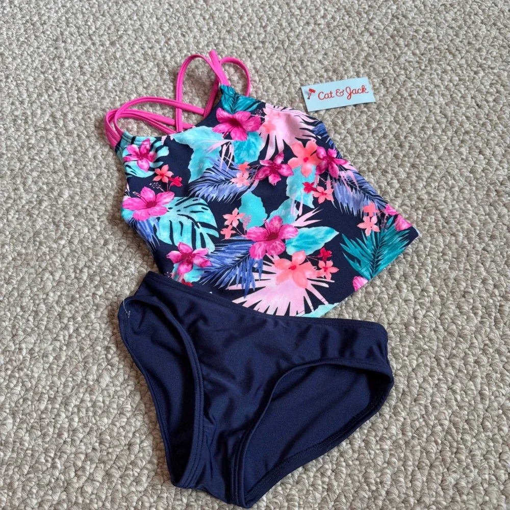 Cat & Jack Girls Floral Tankini‎ Swimsuit Set Size XS (4/5) -New with Tags